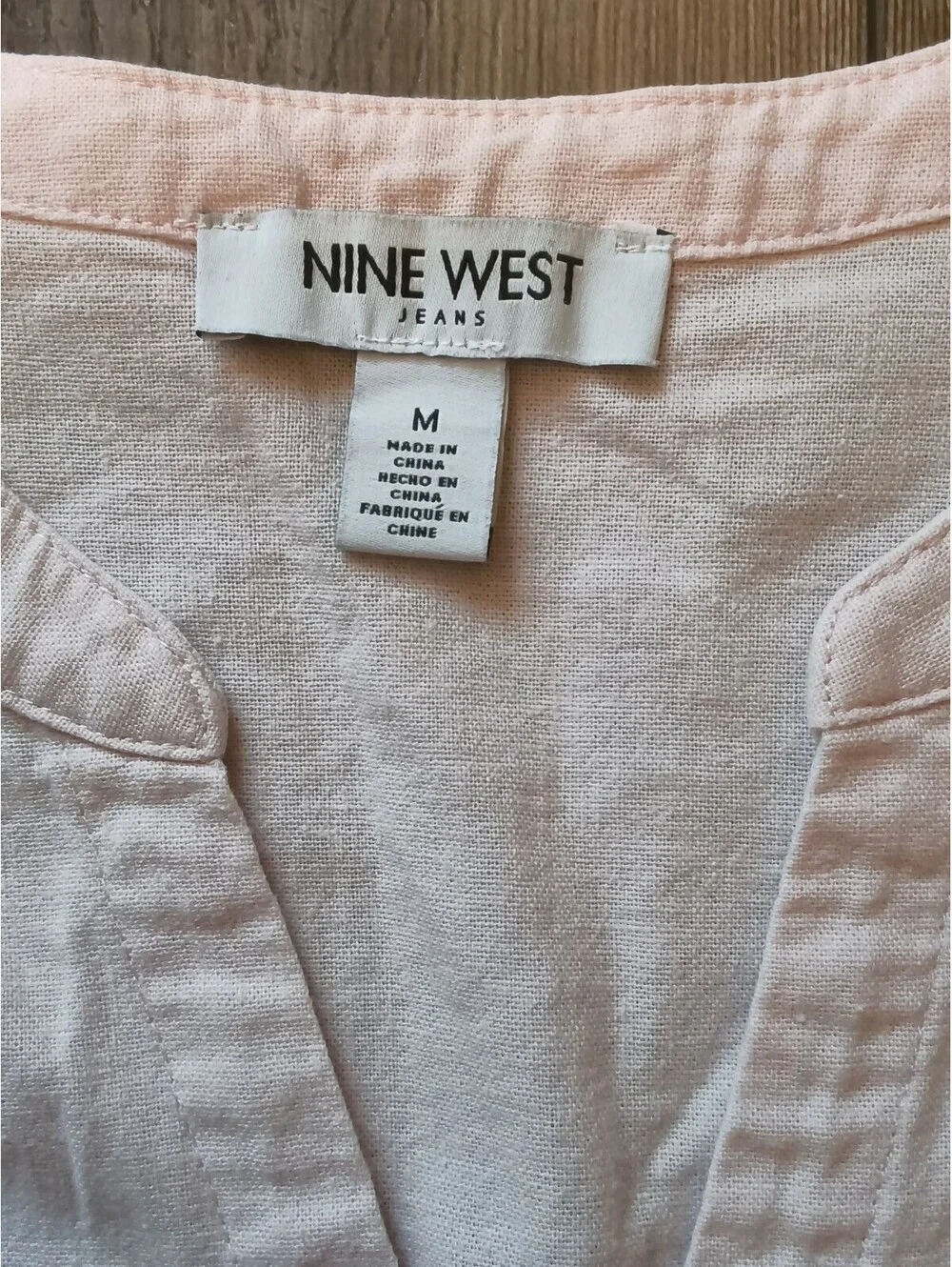 Nine West Light Pink Linen Blend Button-Up Shirt Front Pockets Split Neckline M